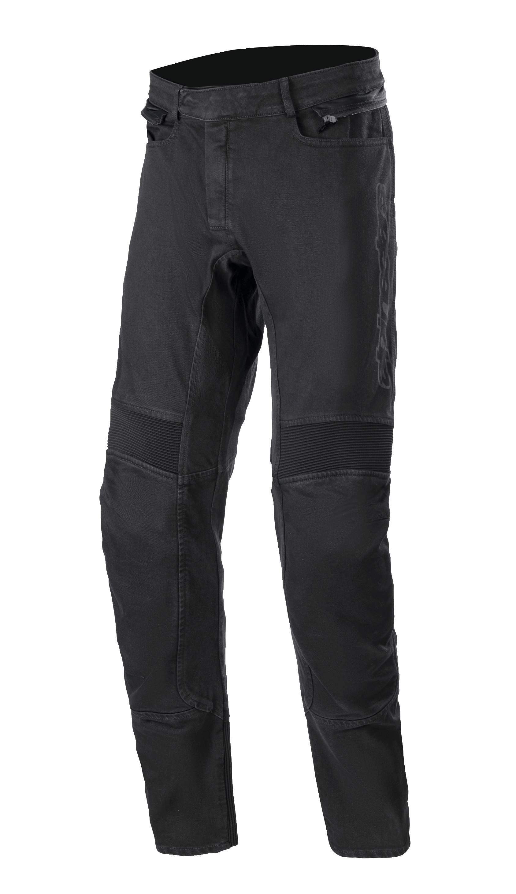 Alpinestars SP Pro Pants, techniczne spodnie motocyklowe, czarne, elastyczny denim o dopasowanym kroju, żebrowane panele harmonijkowe na kolanach, boczne kieszenie na zamek, wytrzymałe potrójne szwy