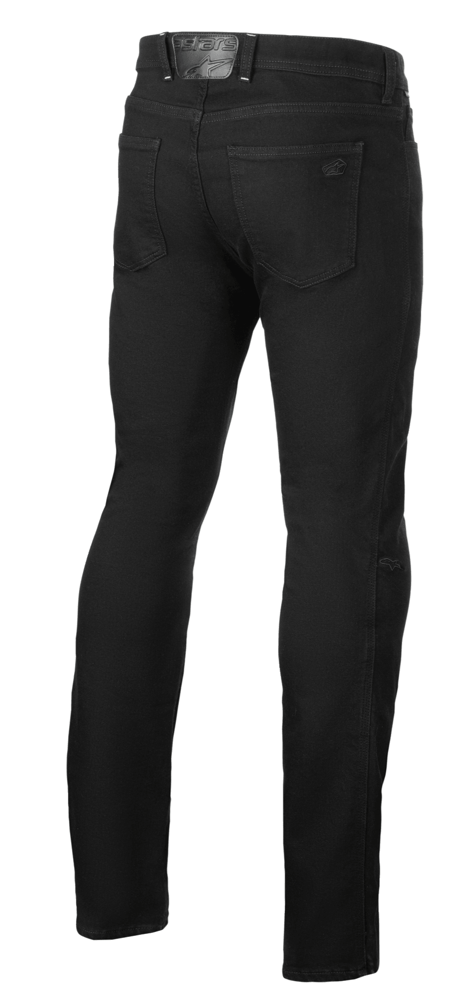 Alpinestars Cult-8 Stretch Denim Pants, Black Rinse, widok z tyłu dżinsów motocyklowych, regularny krój z prostą nogawką, tylne kieszenie i tłoczona skórzana naszywka z logo na pasie, casualowy styl miejski