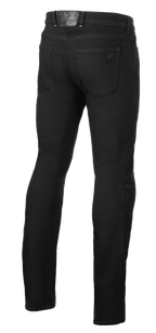 Alpinestars Cult-8 Stretch Denim Pants, Black Rinse, widok z tyłu dżinsów motocyklowych, regularny krój z prostą nogawką, tylne kieszenie i tłoczona skórzana naszywka z logo na pasie, casualowy styl miejski