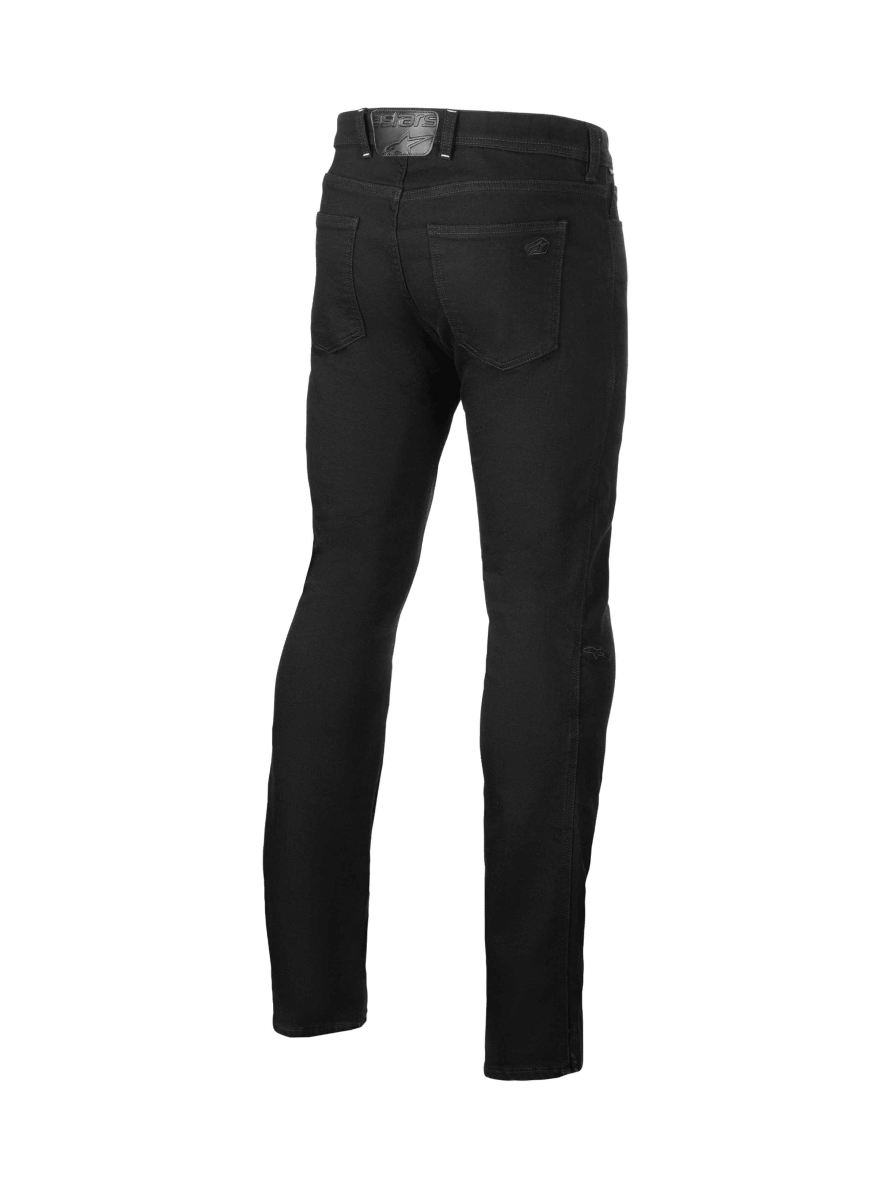 Alpinestars Cult-8 Stretch Denim Pants, men's black urban motorcycle jeans, rear view with CE certified knee armor.
