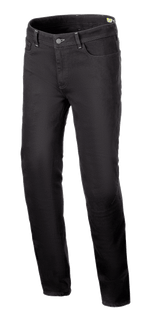 Alpinestars Cult-8 Stretch Denim Pants, motocyklowe jeansy do jazdy, kolor Black Rinse, luźny regularny krój z prostą nogawką, fason z pięcioma kieszeniami, jednowarstwowa tkanina stretch z tonalnymi szwami, swobodny styl miejski