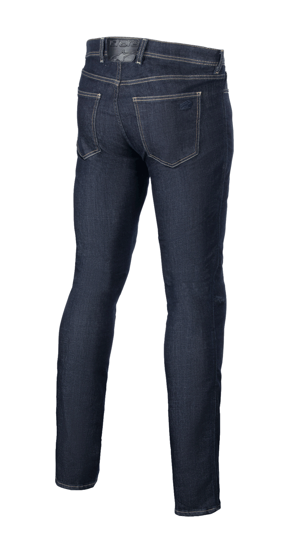 Spodnie Alpinestars Cult-8 Stretch Denim, kolor Rinse Blue, widok z tyłu, konstrukcja z pięcioma kieszeniami i tonalnym haftem logo na tylnej kieszeni, luźny regularny krój z prostą nogawką, ochronne dżinsy motocyklowe.