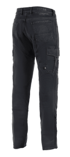 Spodnie Alpinestars Barton Riding Cargo, czarne spodnie motocyklowe, widok z tyłu z kieszenią cargo z boku, tylne kieszenie ze spiralnym logo, branding Oscar by Alpinestars na pasku, dzianina w stylu casualowego denimu.