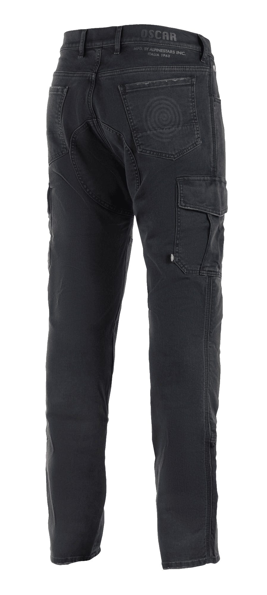 Spodnie Alpinestars Barton Riding Cargo, czarne spodnie motocyklowe, widok z tyłu z kieszenią cargo z boku, tylne kieszenie ze spiralnym logo, branding Oscar by Alpinestars na pasku, dzianina w stylu casualowego denimu.