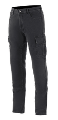 Alpinestars Barton Riding Cargo Pants, miejskie spodnie motocyklowe cargo, czarny denim z efektem sprania, kieszenie cargo z klapkami, szlufki na pasek i zwężana nogawka, casualowy wygląd spranego denimu z wytrzymałą konstrukcją tekstylną