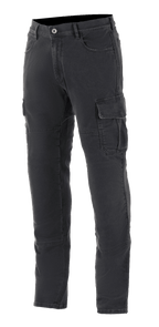 Alpinestars Barton Riding Cargo Pants, miejskie spodnie motocyklowe cargo, czarny denim z efektem sprania, kieszenie cargo z klapkami, szlufki na pasek i zwężana nogawka, casualowy wygląd spranego denimu z wytrzymałą konstrukcją tekstylną