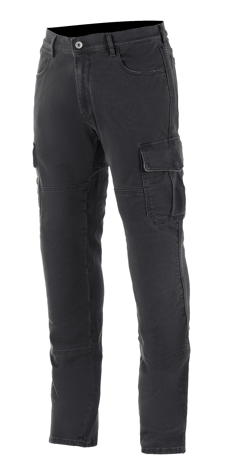 Alpinestars Barton Riding Cargo Pants, miejskie spodnie motocyklowe cargo, czarny denim z efektem sprania, kieszenie cargo z klapkami, szlufki na pasek i zwężana nogawka, casualowy wygląd spranego denimu z wytrzymałą konstrukcją tekstylną