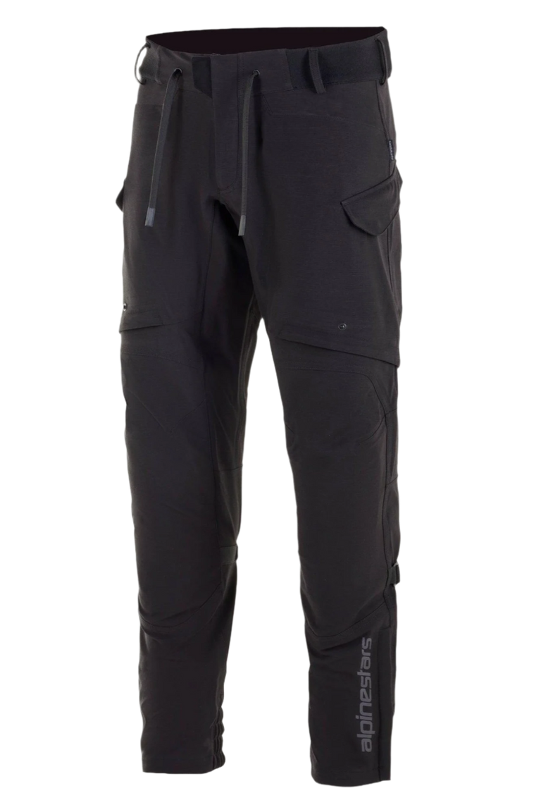 Alpinestars Juggernaut Waterproof Pants, Motorcycle Pants, Black, softshell construction with waterproof membrane, thigh ventilation openings, zippered cargo pockets, elasticated waist with drawstrings and ankle cuffs, urban road riding gear