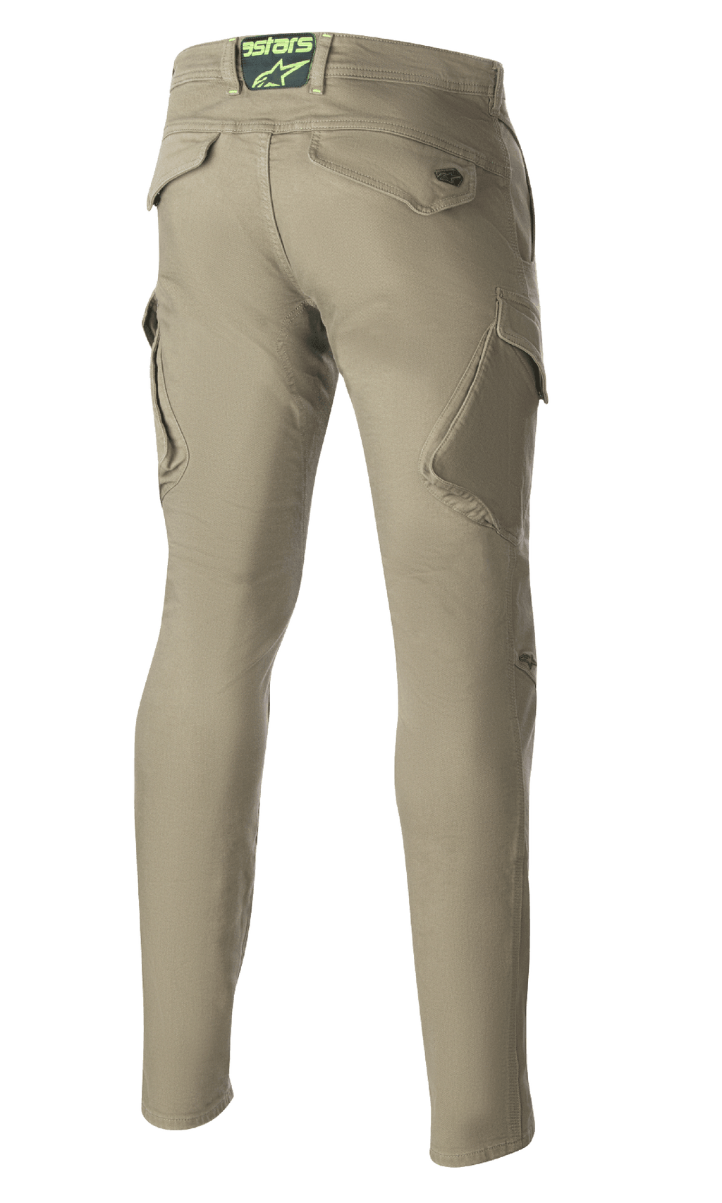 Alpinestars Caliber Slim Fit Tech Riding Pants, Military Green, widok z tyłu ukazujący ukośne kieszenie cargo i wąską, zwężaną sylwetkę, logo Astars na pasie z tyłu, wytrzymałe spodnie motocyklowe w miejskim stylu bojowym