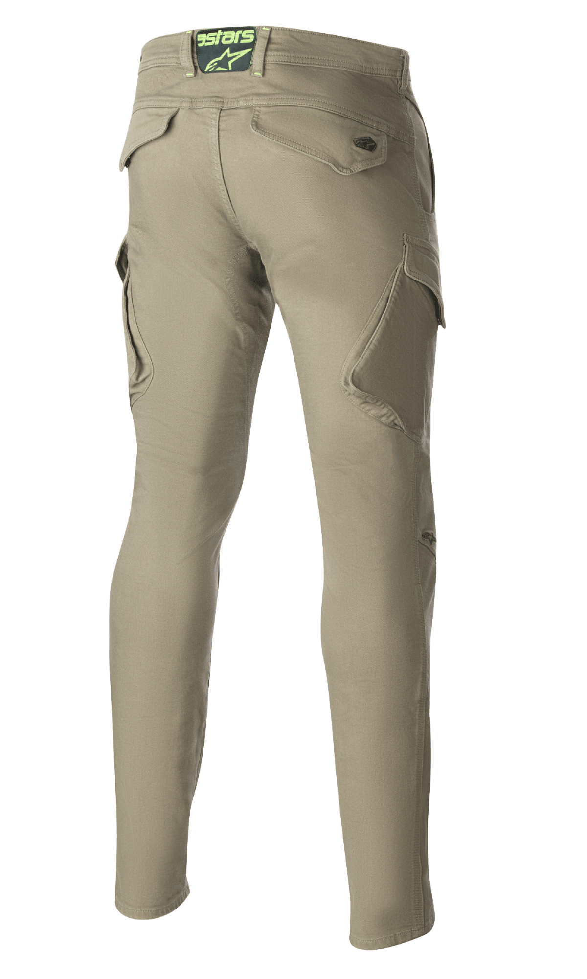 Alpinestars Caliber Slim Fit Tech Riding Pants, Military Green, widok z tyłu ukazujący ukośne kieszenie cargo i wąską, zwężaną sylwetkę, logo Astars na pasie z tyłu, wytrzymałe spodnie motocyklowe w miejskim stylu bojowym