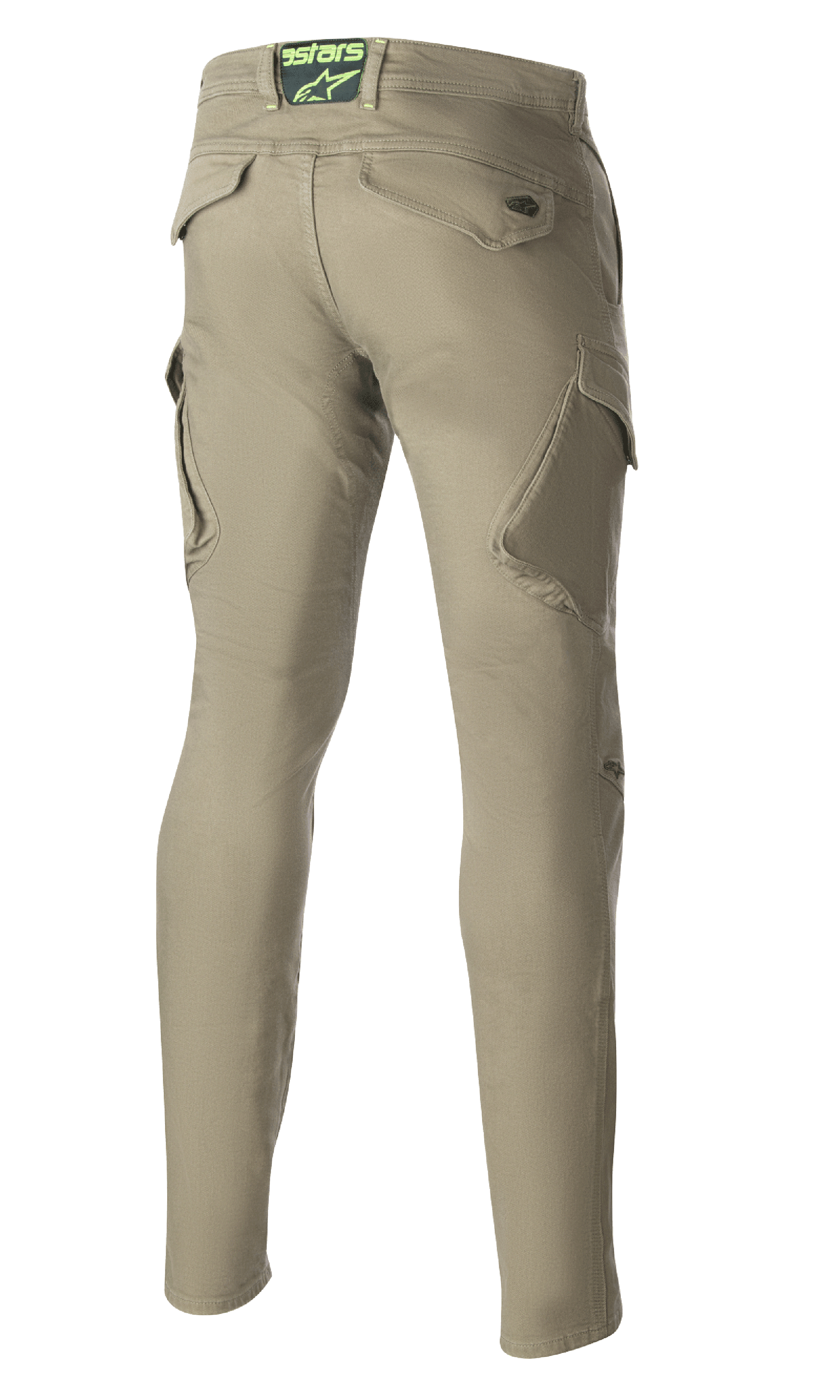 Alpinestars Caliber Slim Fit Tech Riding Pants, Military Green, widok z tyłu ukazujący ukośne kieszenie cargo i wąską, zwężaną sylwetkę, logo Astars na pasie z tyłu, wytrzymałe spodnie motocyklowe w miejskim stylu bojowym