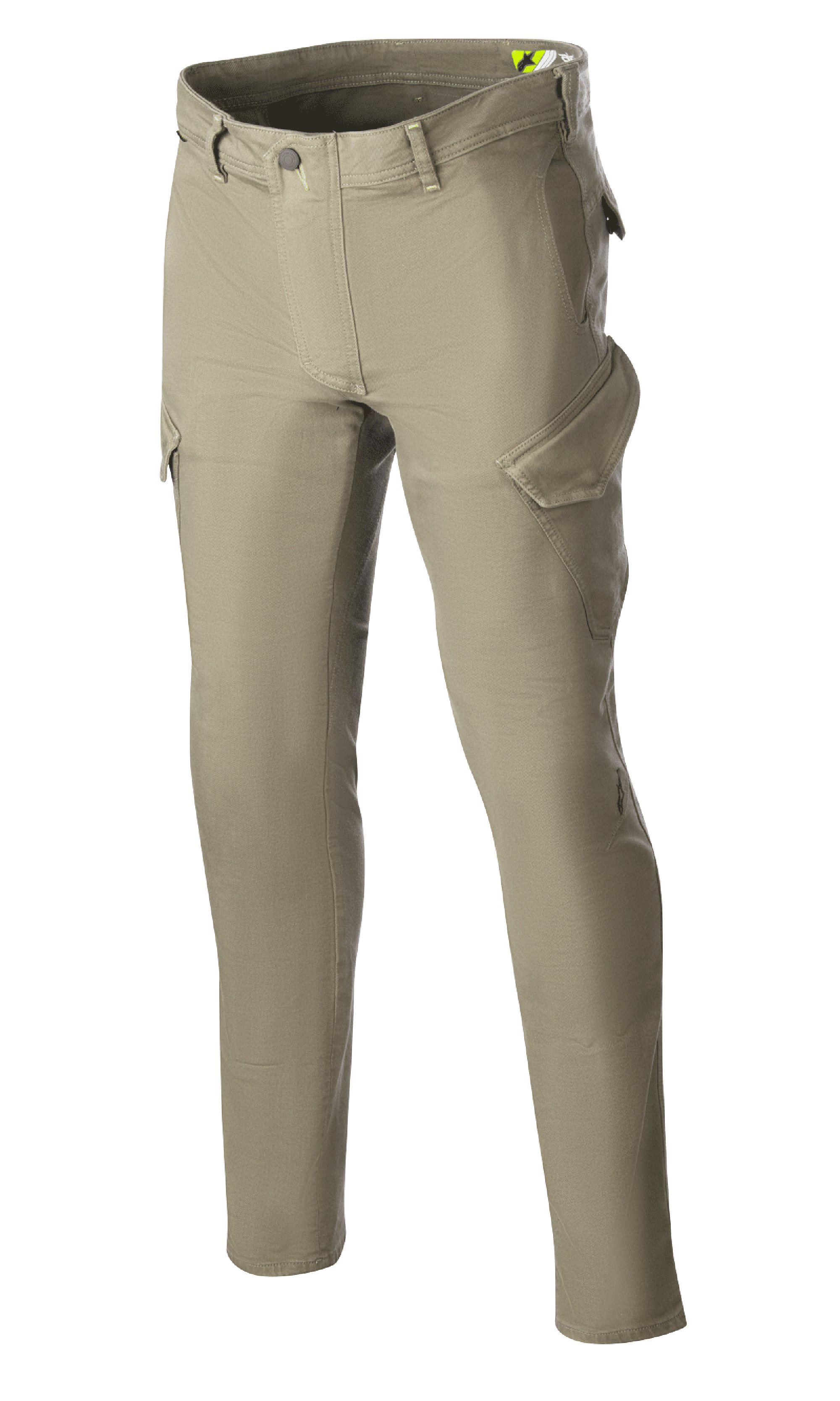 Alpinestars Caliber Slim Fit Tech Riding Pants, spodnie motocyklowe, Military Green, dopasowany krój slim fit z kieszeniami cargo w stylu bojówek, elastyczny denim Cordura, szlufki na pasek i funkcjonalny design do jazdy miejskiej i szosowej