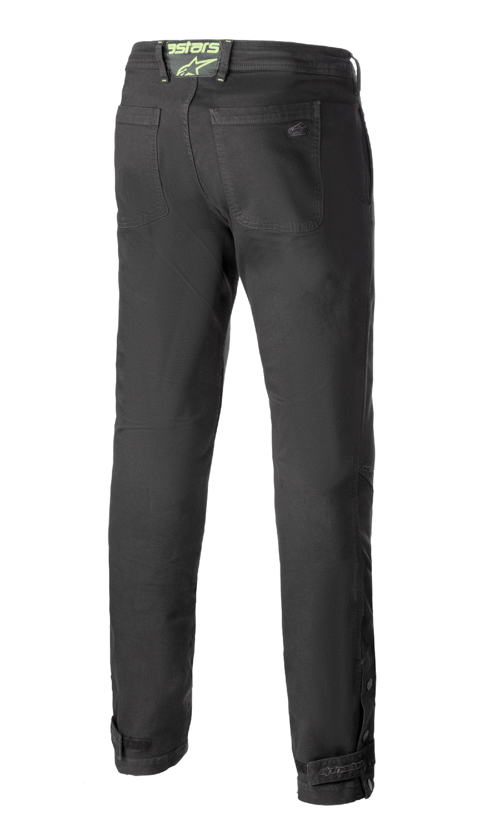 Alpinestars Stratos Regular Fit Tech Riding Pants, spodnie motocyklowe, antracytowy szary, widok z tyłu prezentujący zwężany krój, tylne kieszenie, neonowo zielone logo Alpinestars na pasku i regulowane zapięcia na łydkach