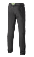 Alpinestars Stratos Regular Fit Tech Riding Pants, spodnie motocyklowe, antracytowy szary, widok z tyłu prezentujący zwężany krój, tylne kieszenie, neonowo zielone logo Alpinestars na pasku i regulowane zapięcia na łydkach