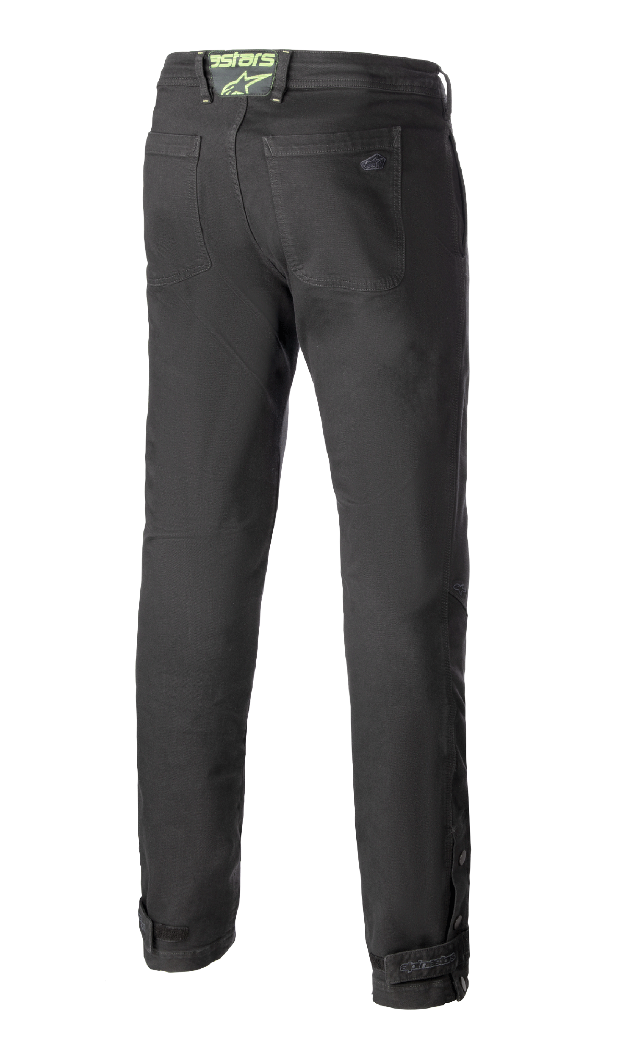 Alpinestars Stratos Regular Fit Tech Riding Pants, spodnie motocyklowe, antracytowy szary, widok z tyłu prezentujący zwężany krój, tylne kieszenie, neonowo zielone logo Alpinestars na pasku i regulowane zapięcia na łydkach