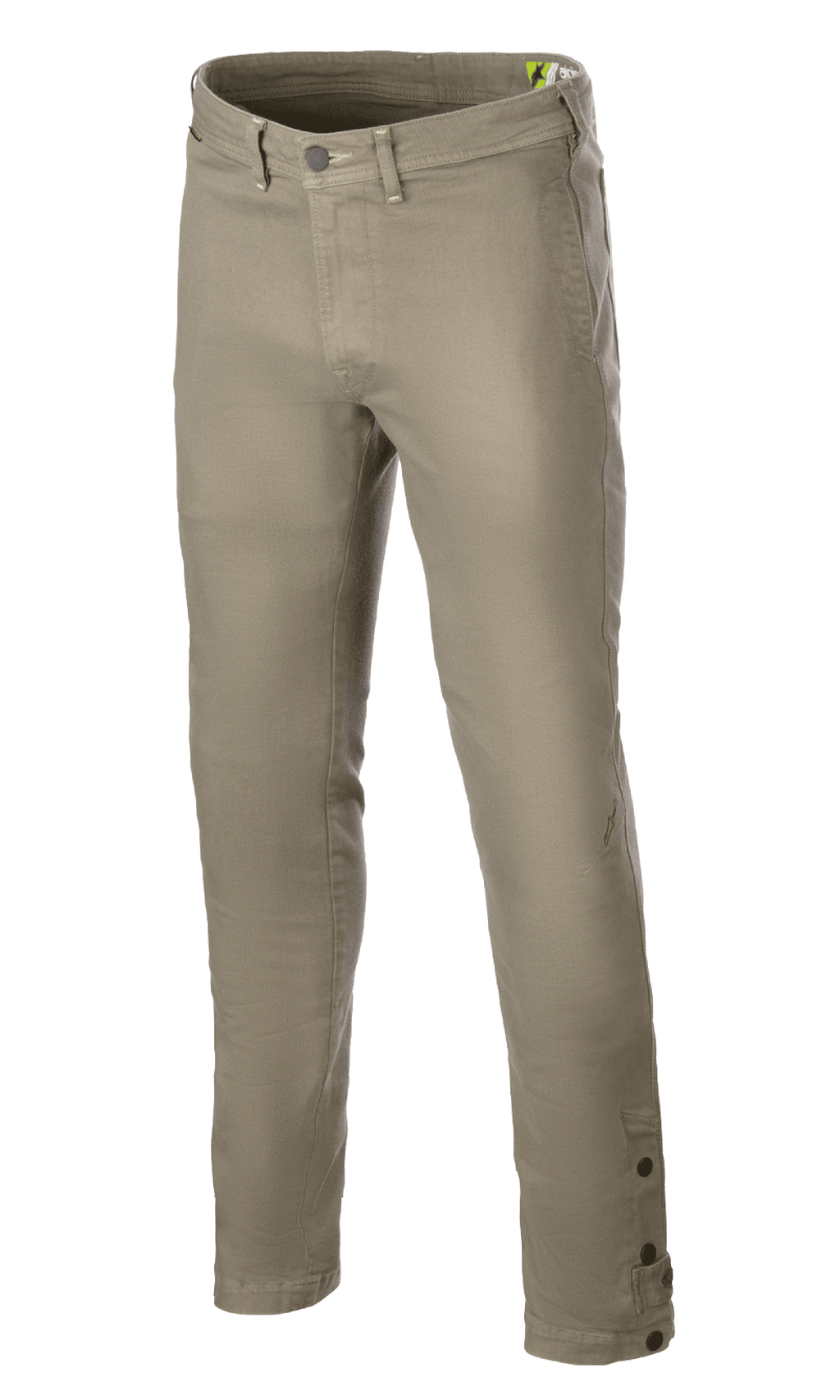 Alpinestars Stratos Regular Fit Tech Riding Pants, spodnie motocyklowe, Military Green, zwężany krój, zapięcie na guzik i zamek, szlufki na pasek, regulowane guziki przy kostkach