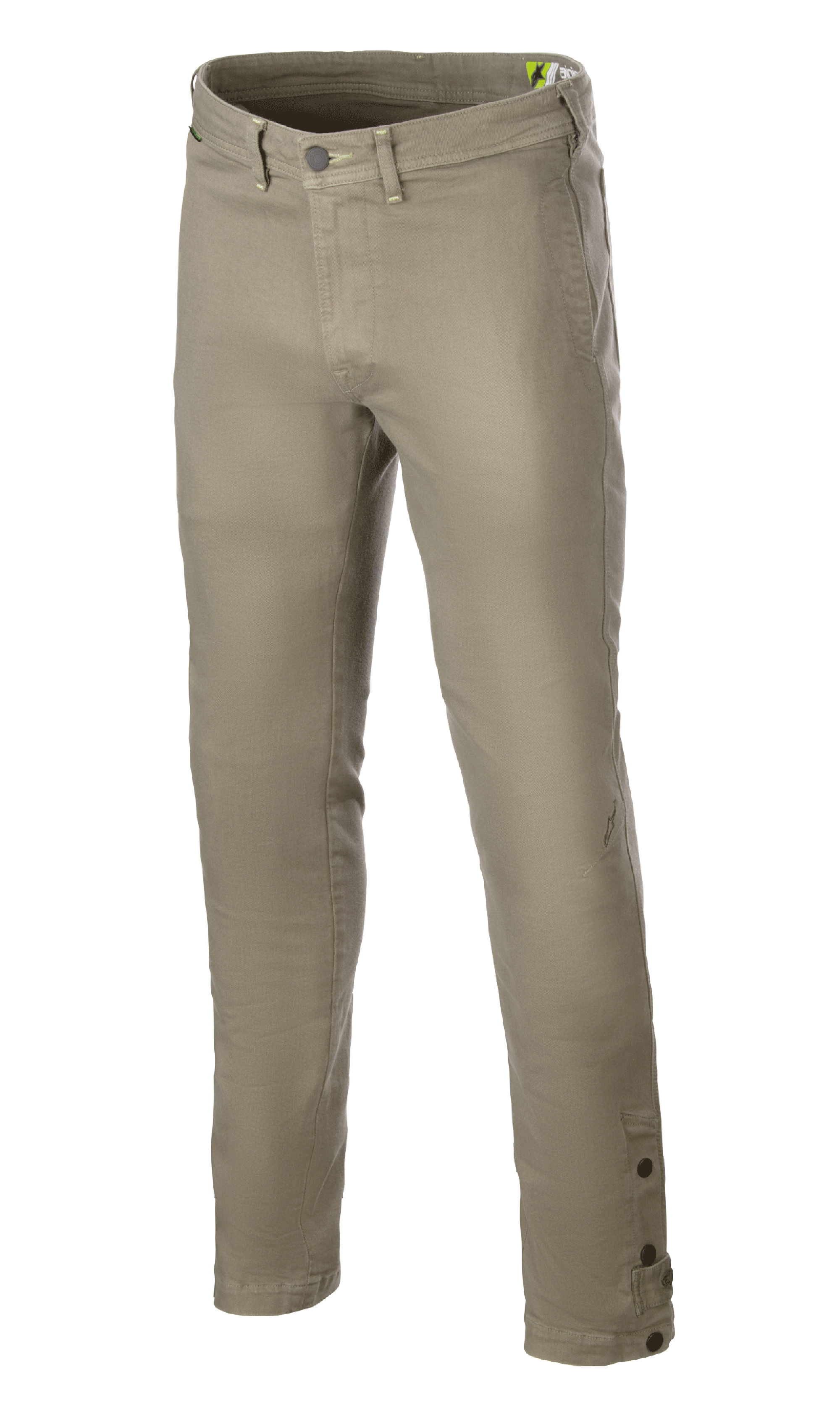 Alpinestars Stratos Regular Fit Tech Riding Pants, spodnie motocyklowe, Military Green, zwężany krój, zapięcie na guzik i zamek, szlufki na pasek, regulowane guziki przy kostkach