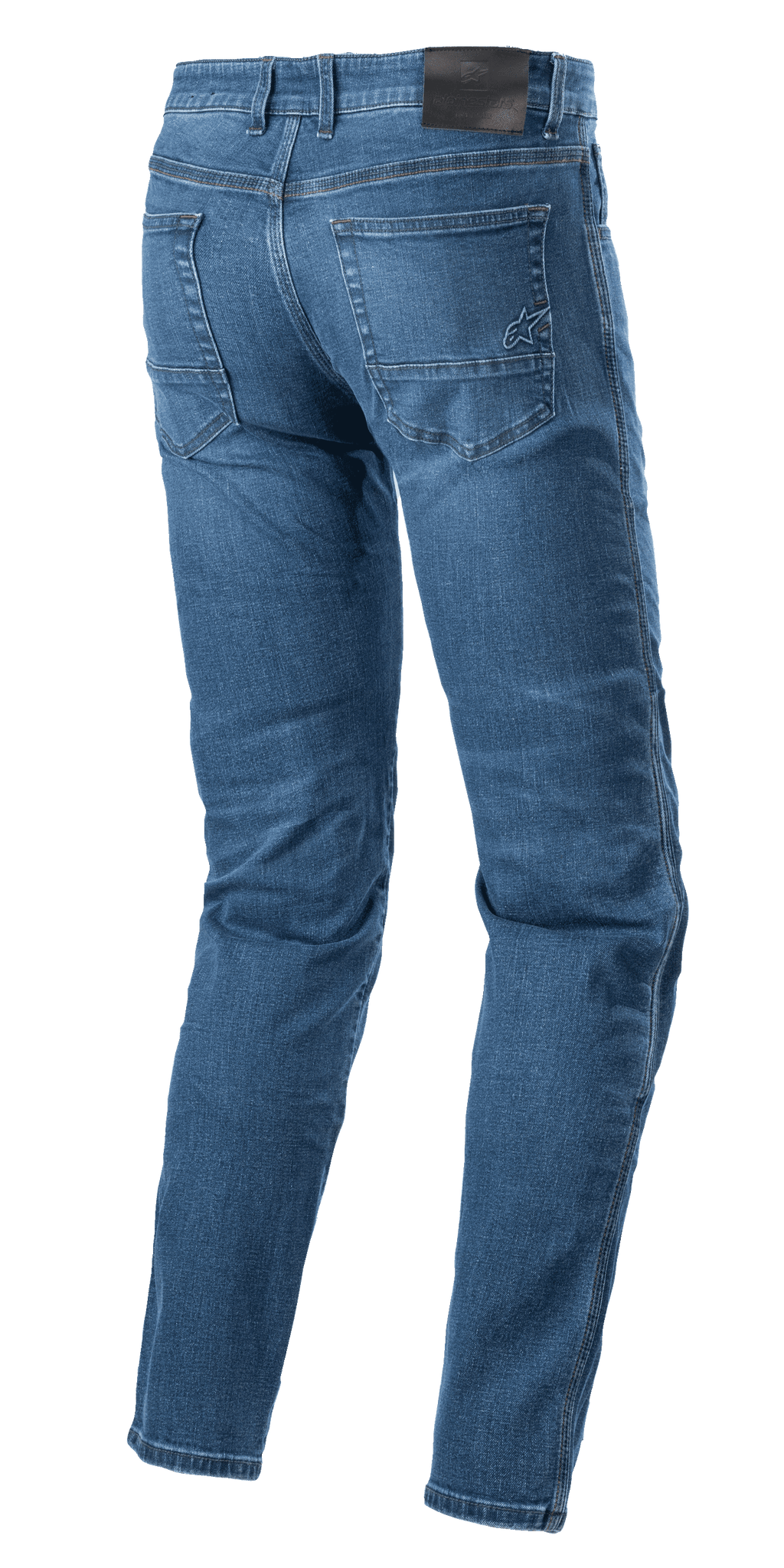 Alpinestars Radon Regular Fit Denim Pants, motocyklowe spodnie jeansowe, kolor Rinse Blue, widok z tyłu z czarną naszywką w pasie i haftowanym logo gwiazdy na prawej tylnej kieszeni, profilowane nogawki dla ergonomii jazdy, klasyczny styl z pięcioma kieszeniami