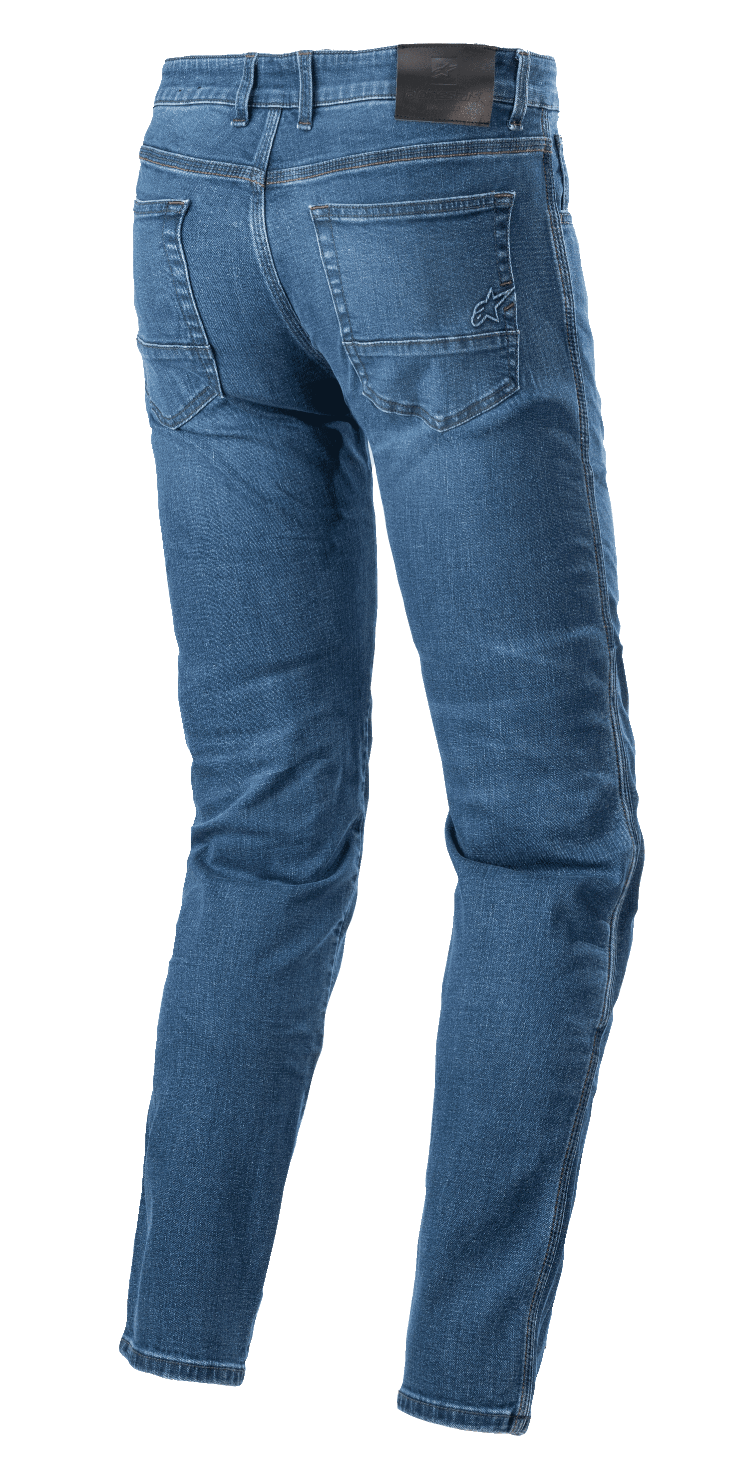 Alpinestars Radon Regular Fit Denim Pants, motocyklowe spodnie jeansowe, kolor Rinse Blue, widok z tyłu z czarną naszywką w pasie i haftowanym logo gwiazdy na prawej tylnej kieszeni, profilowane nogawki dla ergonomii jazdy, klasyczny styl z pięcioma kieszeniami