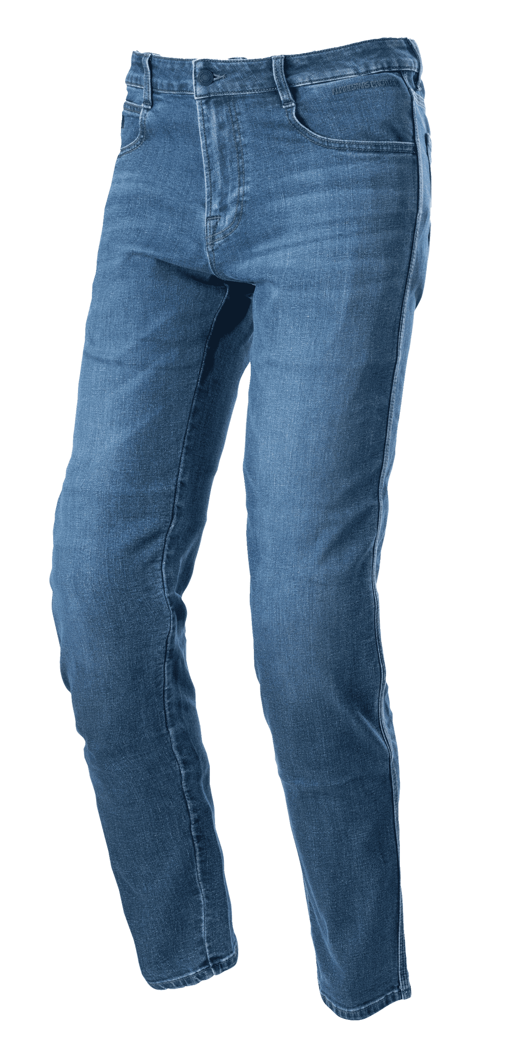 Alpinestars Radon Regular Fit Denim Pants, spodnie jeansowe motocyklowe w kolorze Rinse Blue, prosty krój nogawek z pięciokieszeniowym designem, przecierana tekstura denimu, zapięcie na guzik i zamek błyskawiczny, wytrzymała konstrukcja do jazdy miejskiej