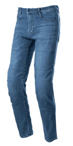 Alpinestars Radon Regular Fit Denim Pants, spodnie jeansowe motocyklowe w kolorze Rinse Blue, prosty krój nogawek z pięciokieszeniowym designem, przecierana tekstura denimu, zapięcie na guzik i zamek błyskawiczny, wytrzymała konstrukcja do jazdy miejskiej