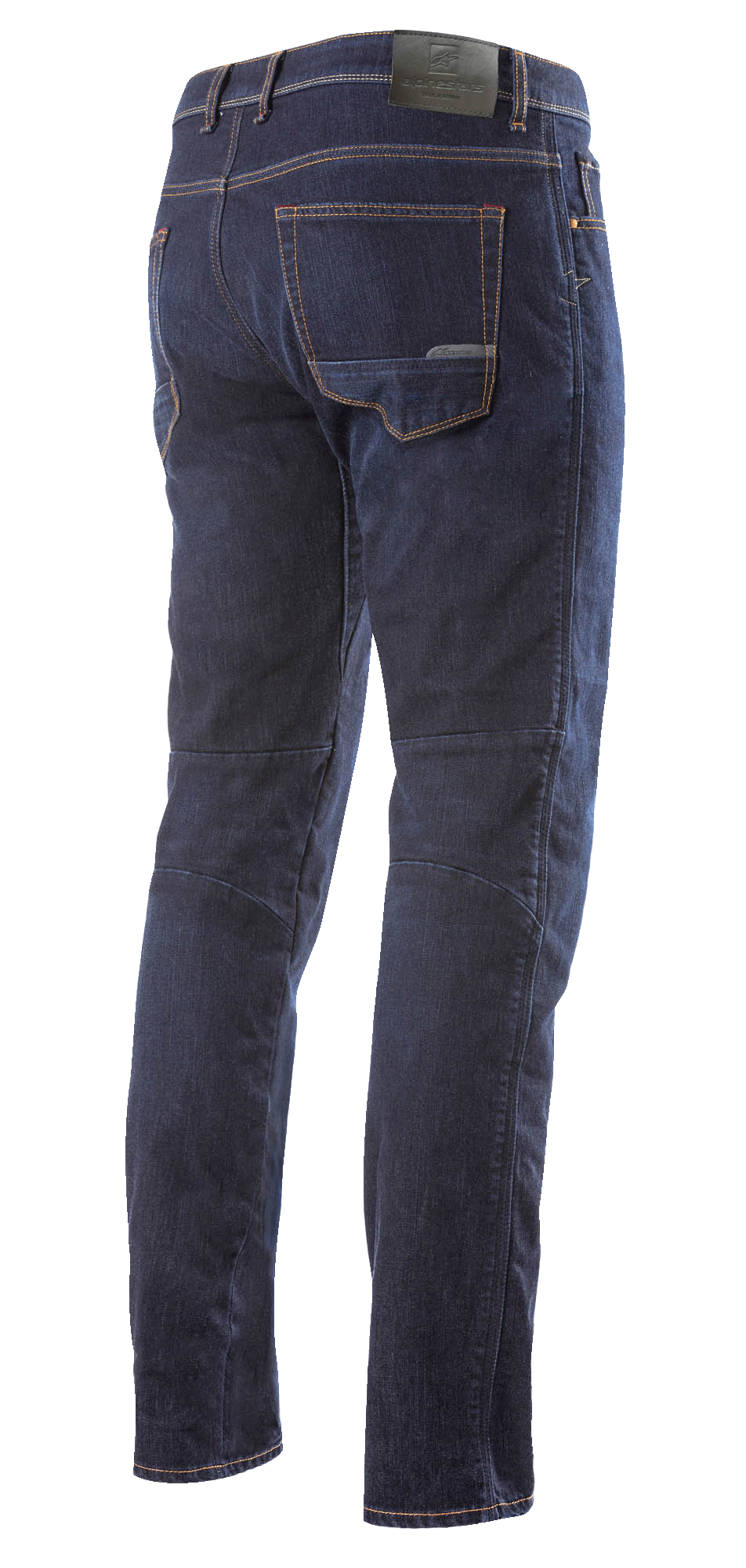 Alpinestars Radium Denim Pants, motocyklowe spodnie dżinsowe, ciemnoniebieskie, widok z tyłu na całą długość, klasyczny fason z pięcioma kieszeniami, naszywka z logo o wyglądzie skóry na pasku, profilowany krój nogawki dla ergonomicznego komfortu jazdy