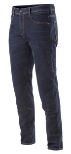 Alpinestars Radium Denim Pants, motocyklowe spodnie jeansowe, kolor Rinse Plus Blue z pomarańczowymi szwami, regularny krój, fason z pięcioma kieszeniami, elastyczny denim Cordura z dyskretnymi ochraniaczami kolan