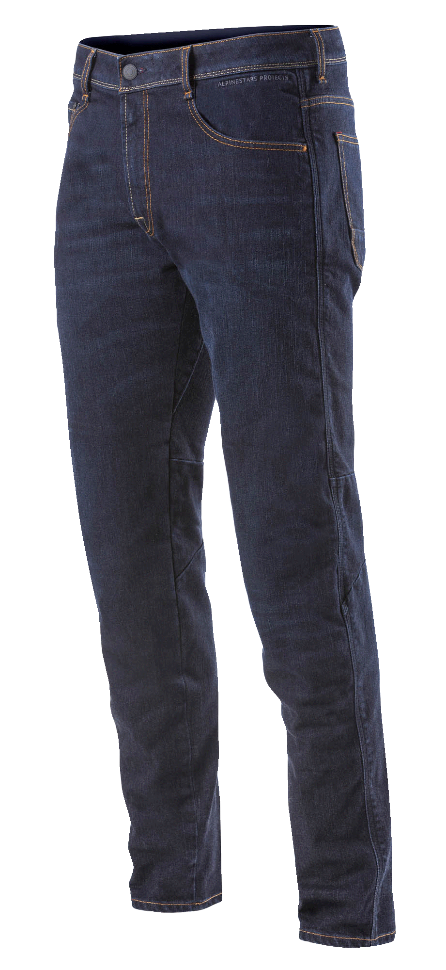 Alpinestars Radium Denim Pants, motocyklowe spodnie jeansowe, kolor Rinse Plus Blue z pomarańczowymi szwami, regularny krój, fason z pięcioma kieszeniami, elastyczny denim Cordura z dyskretnymi ochraniaczami kolan
