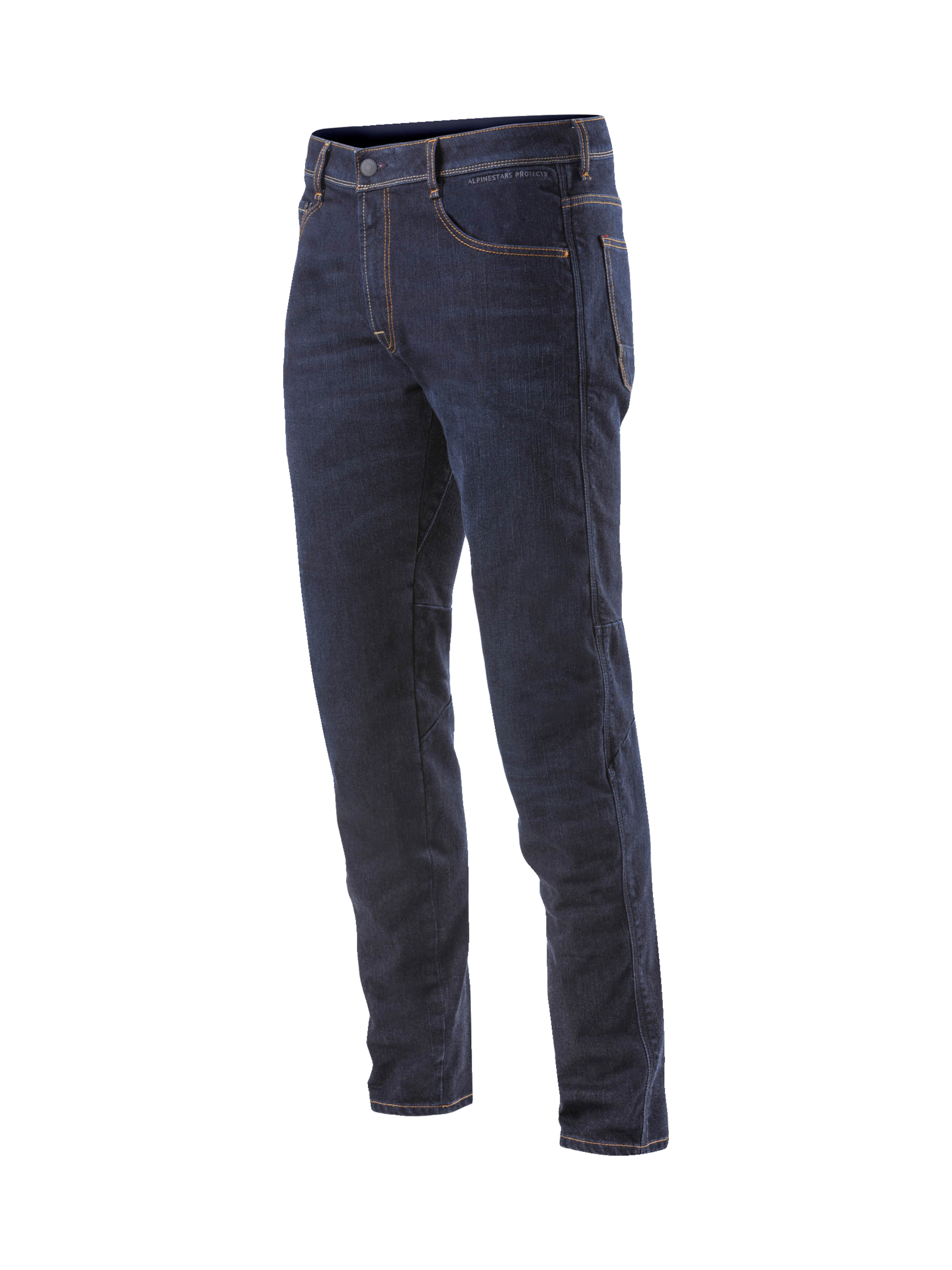Alpinestars Radium Denim Pants, men's motorcycle riding jeans in dark blue, featuring stretch Cordura and Bio-Flex armor.