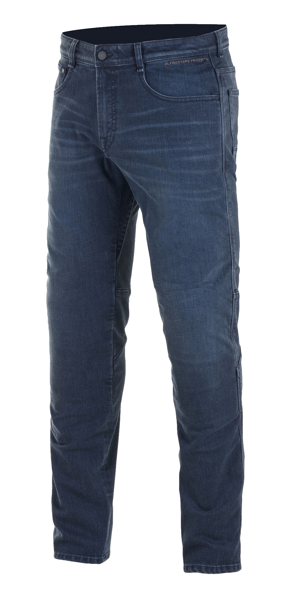 Alpinestars Radium AND Radium Plus, męskie jeansy motocyklowe do jazdy miejskiej, ciemny niebieski, wykonane z odpornego na ścieranie elastycznego materiału Cordura denim, dyskretne ochraniacze kolan Bio-Flex zapewniające ochronę na drodze.