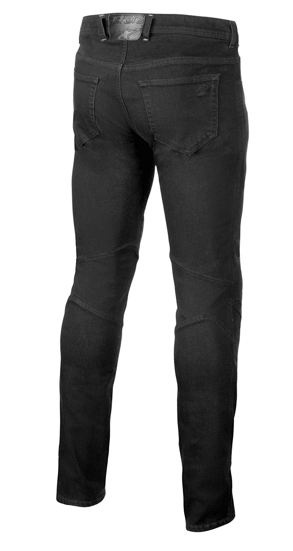 Alpinestars Radium V2 Denim Pants, dżinsy motocyklowe, Black Rinse, widok z tyłu prezentujący fason z pięcioma kieszeniami, tonalne logo na tylnej kieszeni i naszywce w pasie oraz profilowane szwy z tyłu kolan zapewniające zwężany krój