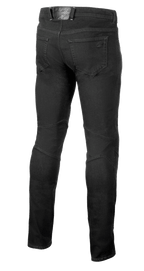 Alpinestars Radium V2 Denim Pants, dżinsy motocyklowe, Black Rinse, widok z tyłu prezentujący fason z pięcioma kieszeniami, tonalne logo na tylnej kieszeni i naszywce w pasie oraz profilowane szwy z tyłu kolan zapewniające zwężany krój