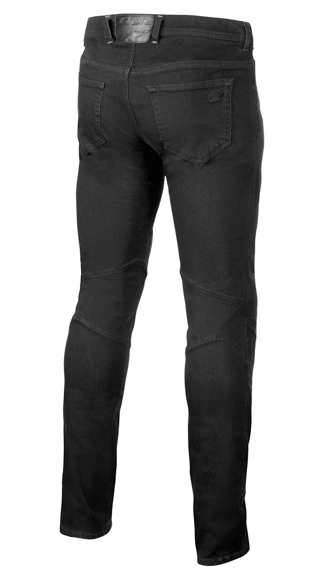Alpinestars Radium V2 Denim Pants, dżinsy motocyklowe, Black Rinse, widok z tyłu prezentujący fason z pięcioma kieszeniami, tonalne logo na tylnej kieszeni i naszywce w pasie oraz profilowane szwy z tyłu kolan zapewniające zwężany krój
