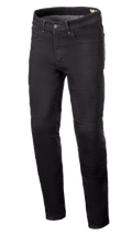 Alpinestars Radium V2 Denim Pants, spodnie motocyklowe dżinsowe, kolor Black Rinse, regularnie zwężana nogawka, fason z pięcioma kieszeniami, szlufki na pasek, zapięcie na guzik i zamek, ciemny dżins
