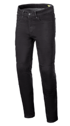 Alpinestars Radium V2 Denim Pants, spodnie motocyklowe dżinsowe, kolor Black Rinse, regularnie zwężana nogawka, fason z pięcioma kieszeniami, szlufki na pasek, zapięcie na guzik i zamek, ciemny dżins