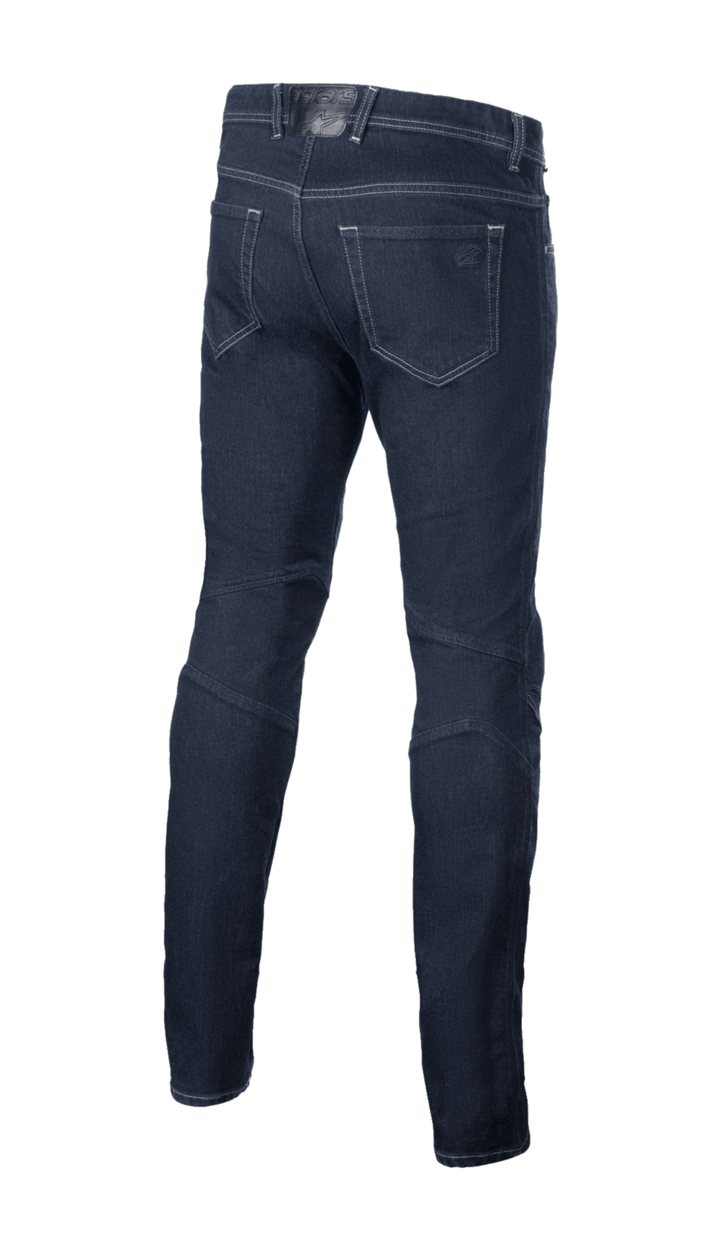 Alpinestars Radium V2 Denim Pants, miejskie dżinsy motocyklowe, Rinse Blue, widok z tyłu ukazujący konstrukcję z pięcioma kieszeniami, zwężaną nogawkę i ciemny dżins z kontrastowymi szwami