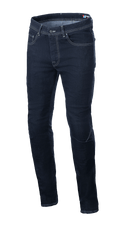 Alpinestars Radium V2 Denim Pants, spodnie motocyklowe jeansowe, kolor ciemnoniebieski Rinse Blue, krój regular tapered, klasyczny design z pięcioma kieszeniami, jasne kontrastowe szwy, wytrzymała konstrukcja z elastycznego dżinsu Cordura