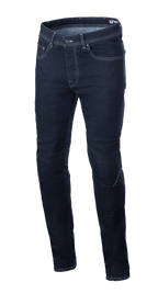 Alpinestars Radium V2 Denim Pants, spodnie motocyklowe jeansowe, kolor ciemnoniebieski Rinse Blue, krój regular tapered, klasyczny design z pięcioma kieszeniami, jasne kontrastowe szwy, wytrzymała konstrukcja z elastycznego dżinsu Cordura