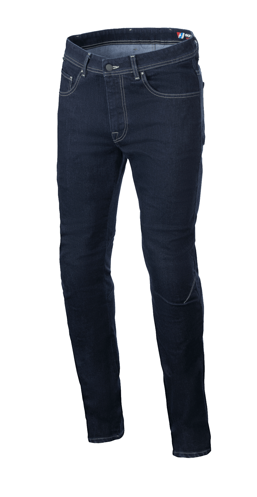 Alpinestars Radium V2 Denim Pants, spodnie motocyklowe jeansowe, kolor ciemnoniebieski Rinse Blue, krój regular tapered, klasyczny design z pięcioma kieszeniami, jasne kontrastowe szwy, wytrzymała konstrukcja z elastycznego dżinsu Cordura