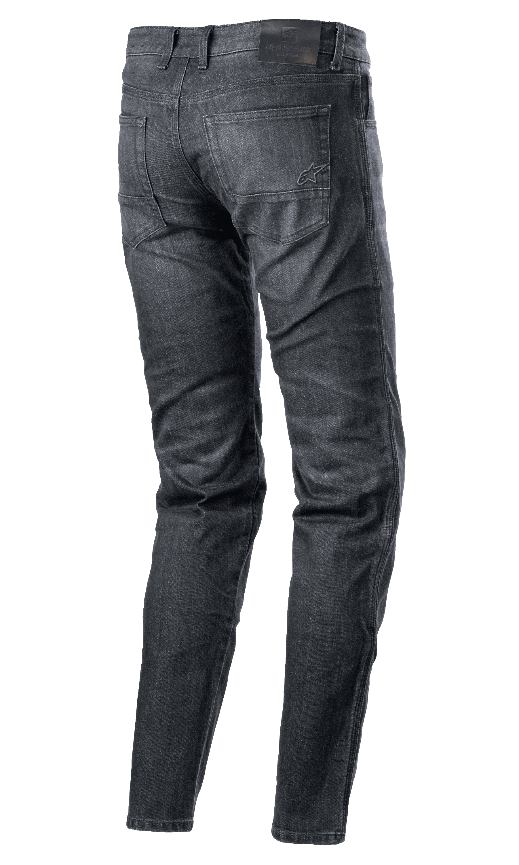 Alpinestars Sektor Regular Fit Denim Pants, motocyklowe spodnie dżinsowe, kolor Black Washed, widok z tyłu ukazujący fason z pięcioma kieszeniami, wyszywane logo na tylnej kieszeni, czarna skórzana naszywka w pasie, zwężana nogawka, miejska techniczna odzież motocyklowa