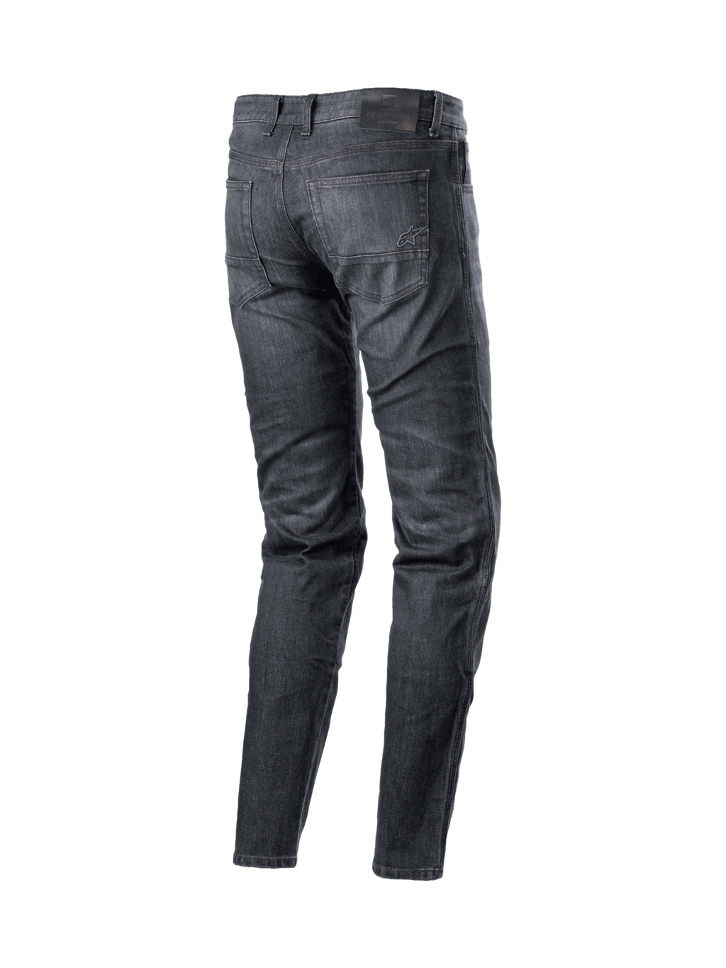 Alpinestars Jeansy Sektor Standard Fit, męskie spodnie motocyklowe urban, czarny spierany denim, widok z tyłu na kieszenie i logo, wzmocnienia aramidowe, styl codzienny