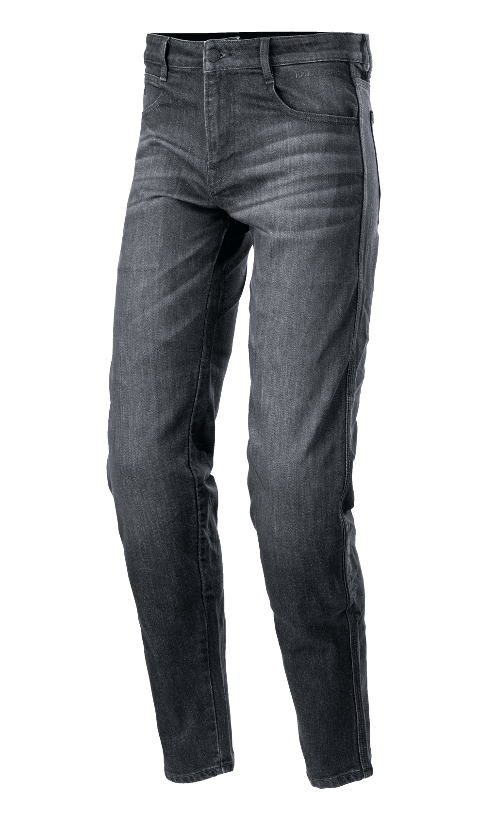 Alpinestars Sektor Regular Fit Denim Pants, motocyklowe spodnie jeansowe, kolor czarny spierany, casualowy zwężany krój, fason z pięcioma kieszeniami i szlufkami, przecierana tekstura denimu ze wzmocnionymi szwami, miejska odzież motocyklowa