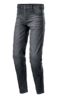 Alpinestars Sektor Regular Fit Denim Pants, motocyklowe spodnie jeansowe, kolor czarny spierany, casualowy zwężany krój, fason z pięcioma kieszeniami i szlufkami, przecierana tekstura denimu ze wzmocnionymi szwami, miejska odzież motocyklowa