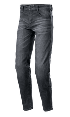 Alpinestars Sektor Regular Fit Denim Pants, motocyklowe spodnie jeansowe, kolor czarny spierany, casualowy zwężany krój, fason z pięcioma kieszeniami i szlufkami, przecierana tekstura denimu ze wzmocnionymi szwami, miejska odzież motocyklowa