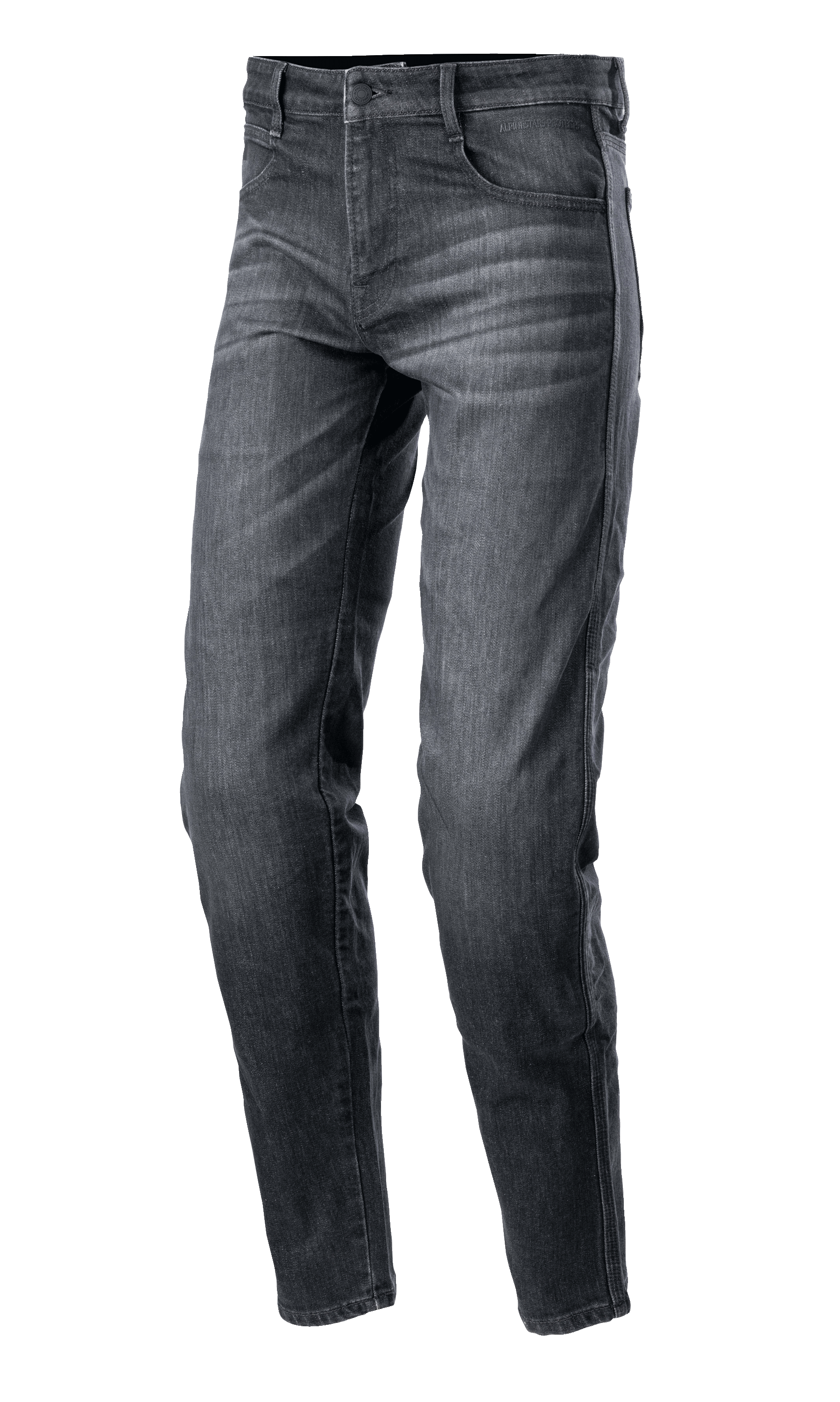 Alpinestars Sektor Regular Fit Denim Pants, motocyklowe spodnie jeansowe, kolor czarny spierany, casualowy zwężany krój, fason z pięcioma kieszeniami i szlufkami, przecierana tekstura denimu ze wzmocnionymi szwami, miejska odzież motocyklowa