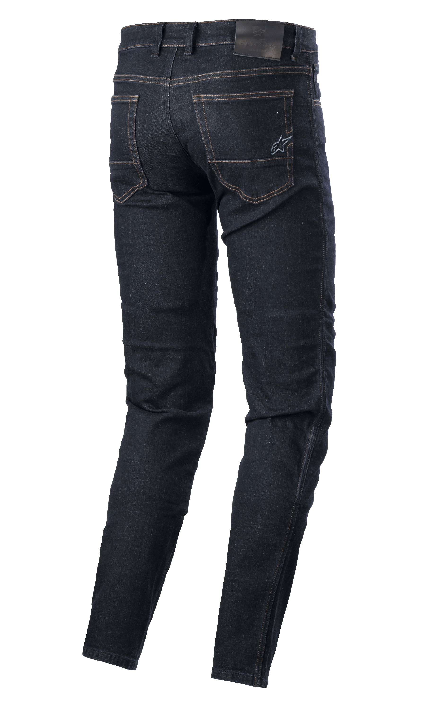 Alpinestars Sektor Regular Fit Denim, techniczne spodnie motocyklowe, Rinse Blue, widok z tyłu przedstawiający tylne kieszenie z haftowanym logo gwiazdy, skórzaną naszywką w pasie i potrójnymi szwami, miejska odzież motocyklowa
