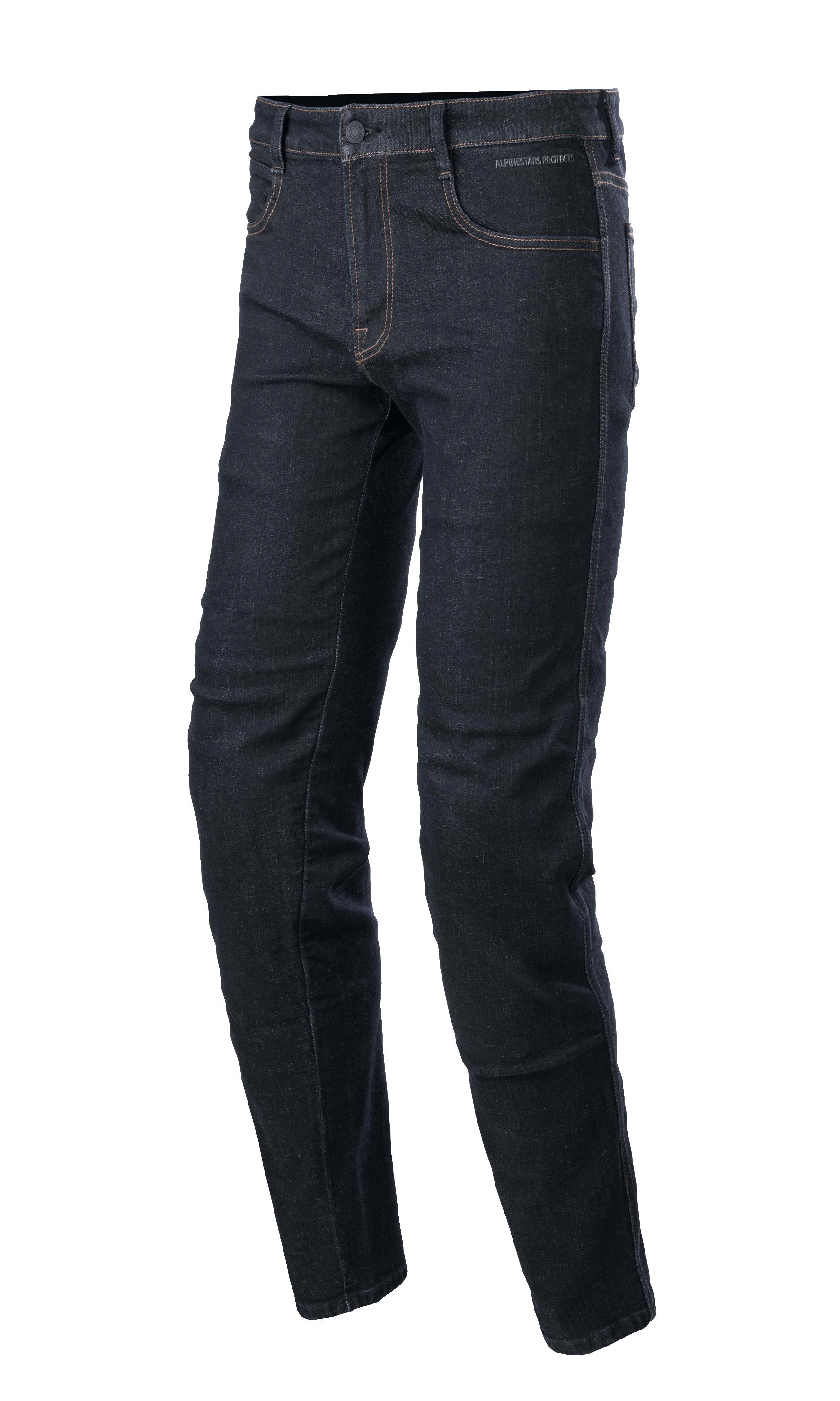 Alpinestars Sektor Regular Fit Denim, ciemnoniebieskie spodnie motocyklowe, zwężana nogawka z kontrastowymi szwami, fason z pięcioma kieszeniami, szlufki na pasek i zapięcie na guzik, elastyczny denim, miejski styl jazdy