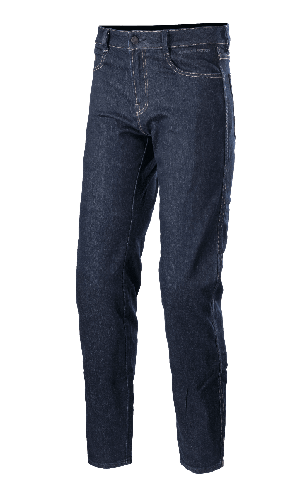Alpinestars Sektor Regular Fit Denim Pants, motocyklowe spodnie jeansowe Mid Blue, techniczne spodnie do jazdy z białymi kontrastowymi szwami, pięć kieszeni, szlufki na pasek i zwężane nogawki z elastycznego denimu