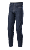Alpinestars Sektor Regular Fit Denim Pants, motocyklowe spodnie jeansowe Mid Blue, techniczne spodnie do jazdy z białymi kontrastowymi szwami, pięć kieszeni, szlufki na pasek i zwężane nogawki z elastycznego denimu