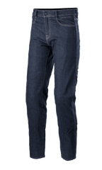 Alpinestars Sektor Regular Fit Denim Pants, motocyklowe spodnie jeansowe Mid Blue, techniczne spodnie do jazdy z białymi kontrastowymi szwami, pięć kieszeni, szlufki na pasek i zwężane nogawki z elastycznego denimu